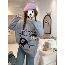 小众设计感黑色毛衣女高中初中学生秋冬款宽松字母针织衫打底上衣，男装T恤，星座506A