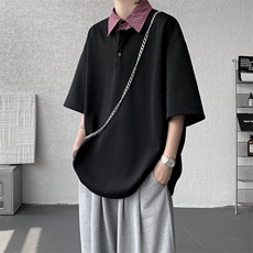 8XL-M格纹拼接假两件短袖t恤大码美式重磅polo翻领半袖DX1218/P48，男装T恤，电商B238