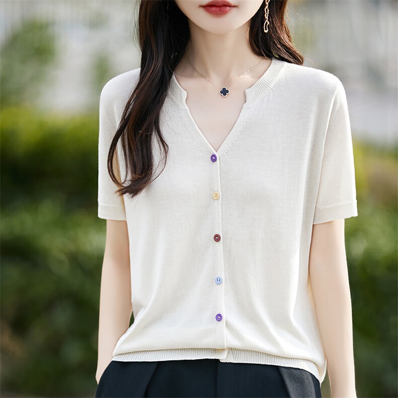 夏季新款彩扣冰丝短袖开衫女纯色宽松薄款t恤衫气质V领半袖上衣女,针织衫/毛衣,斯美雅电商供货