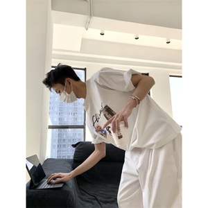 1506/QC15150/P40美式潮牌亲肤透气休闲午安涂鸦图案印花纯棉T恤图片