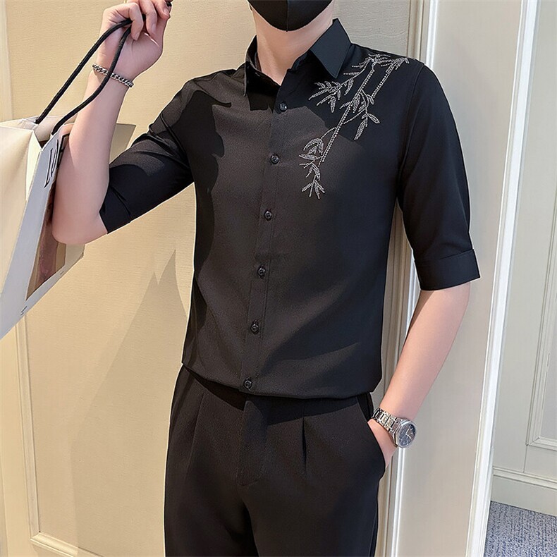 店主风社会小伙男纯色烫砖高级感七分袖衬衫男301A-1/CS564/P55图片