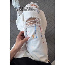 阔腿直筒裤子时尚白色泼墨破洞牛仔裤高街男涂鸦休闲裤子K8072，男装牛仔裤，星座1116A（原606A-3）