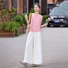现货209-3277-P155-K218新款新中式夏季盘扣阔腿裤两件套，女装套装/套裙，韩蜜菓