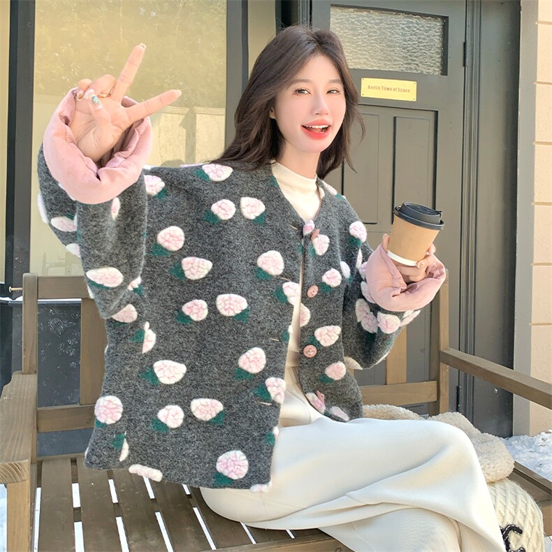 灰色立体花朵毛呢外套女2025冬季新款韩系高级感气质加厚呢子上衣,女装派克服,2D034