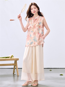 夏季新款现货！2026新中式奥黛款植物花卉上衣+阔腿裤洋气两件套图片