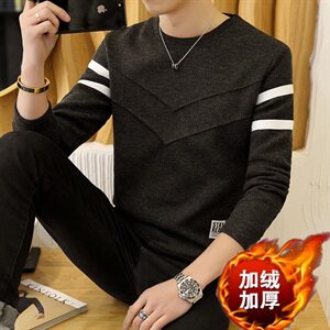 冬季加厚保暖长袖卫衣男外贸打底衫双V白标圆领套头灰709加绒图片