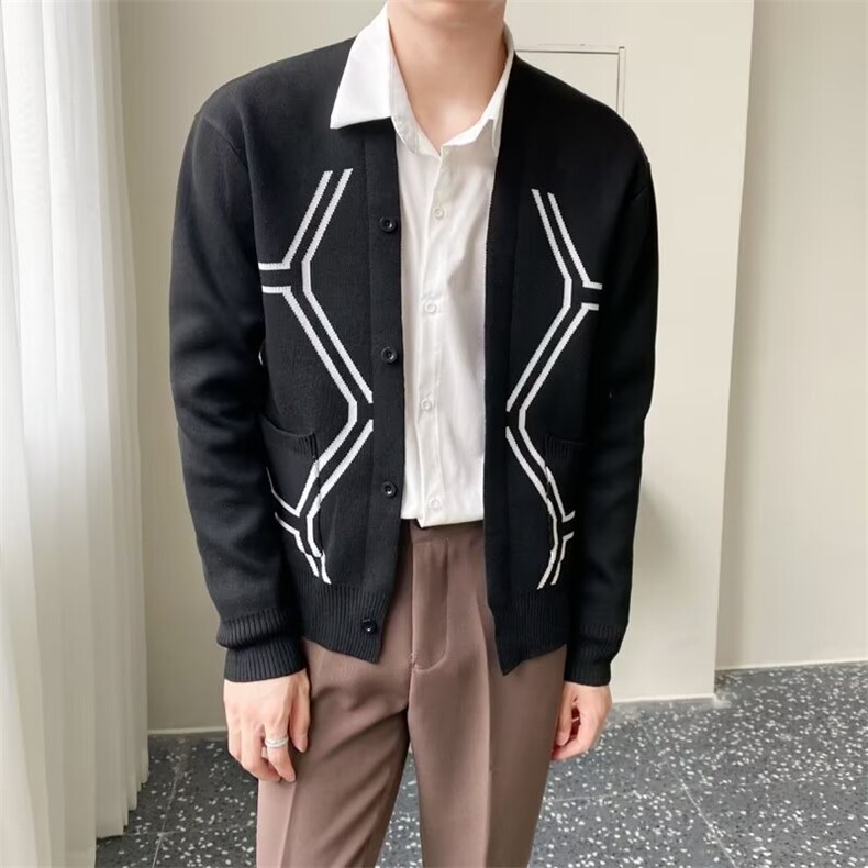 轻熟时尚商务休闲V领开衫男针织衫提花编织黑色毛衣外套男款MG02,男装针织衫/毛衣,星座506
