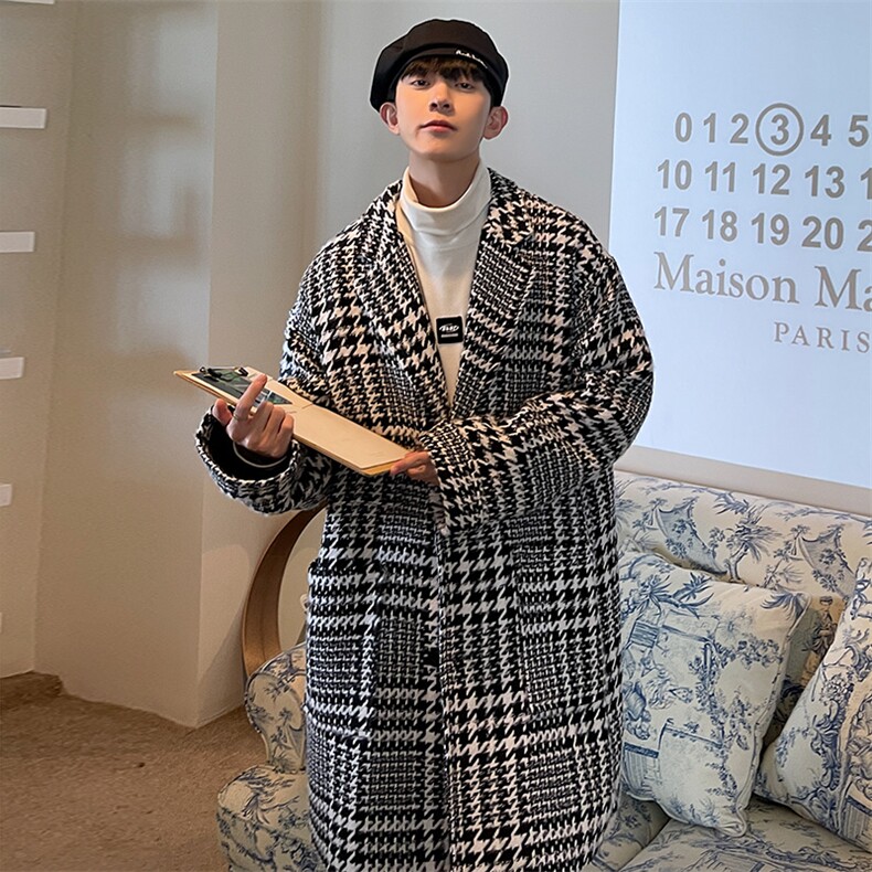 秋冬季中长款千鸟格呢料风衣男潮流大衣西装领外套A071-F05-P120，男装风衣，电商A071