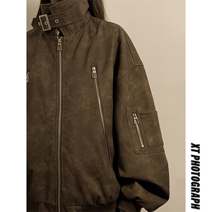 1扎染做旧面料双拉链大口袋情侣大码M-5XL夹克女JK77867P90控148图片