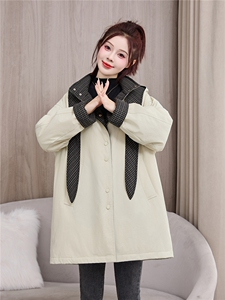 高端羽绒服女撞色格子拼接连帽中长款派克服冬2025新款白鸭绒外套图片