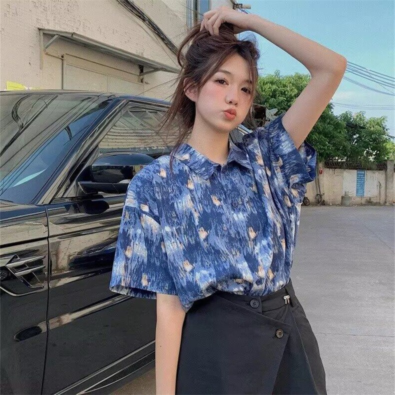 Q152/P32夏季美式复古潮牌小众扎染印花痞帅短袖衬衫上衣男女,男装衬衫,星座1506