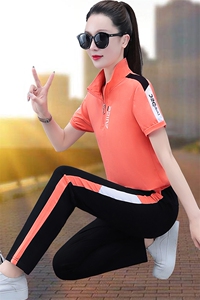 燕颉运动套装女夏季薄款2023年妈妈纯棉休闲跑步服宽松短袖两件套图片