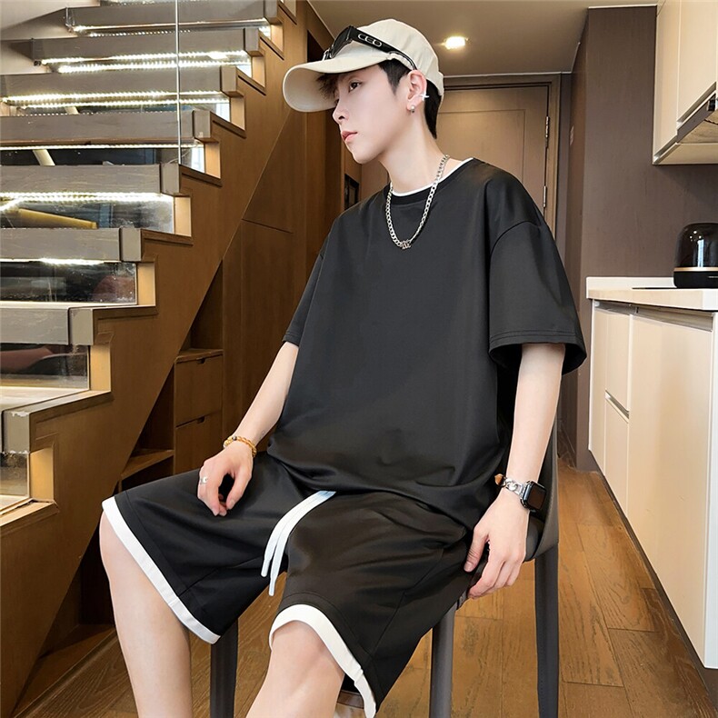 光版二开冰丝垂感套装男休闲运动假两件一套潮A266-BSBBTZ008-P50,男装休闲套装,电商A266