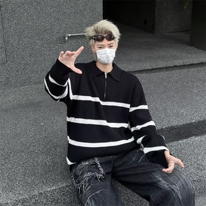 B427P48绿色条纹翻领毛衣男美式高街半拉链设计套头针织衫早秋设图片