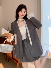 小香风灰色蕾丝拼接西装套装裙女春秋2025新款两件套独特绝气，女装套装/套裙，浙宝192（原082）