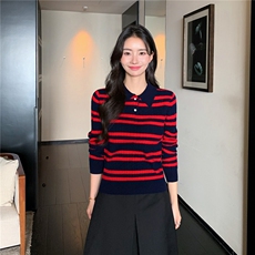 2025秋冬百搭时尚简约polo领长袖条纹针织衫，女装羊绒衫，玛卡隆羊绒
