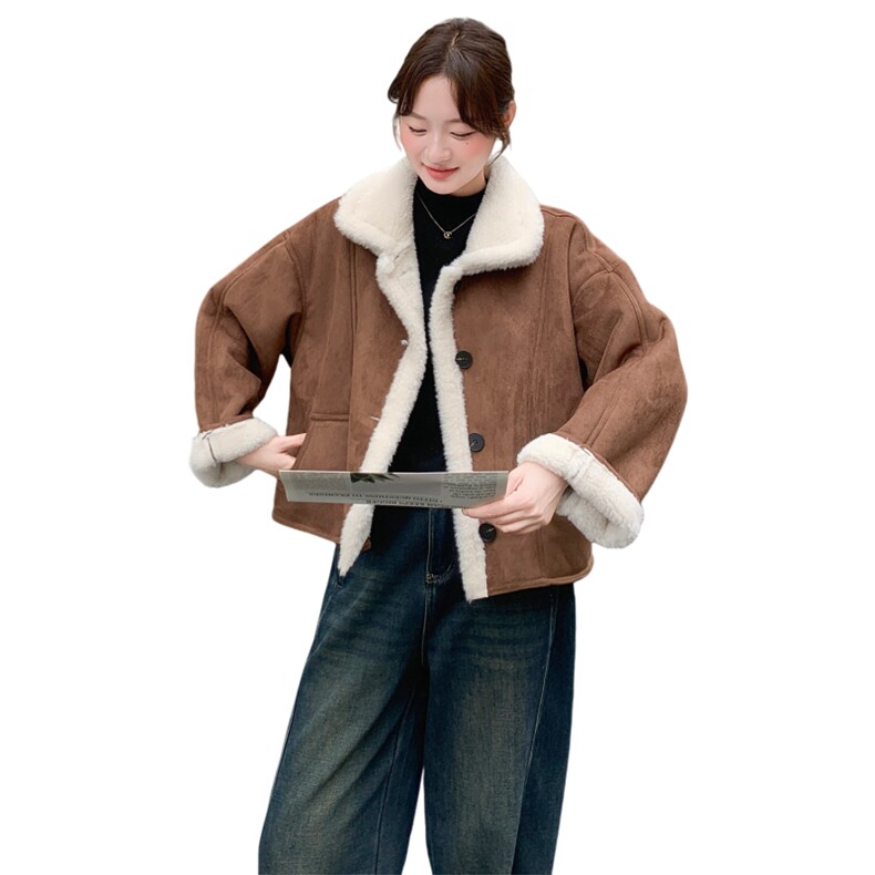卡其色麂皮绒羊羔毛加厚保暖棉服H8356P185K278,女装棉衣/棉服,红龙果