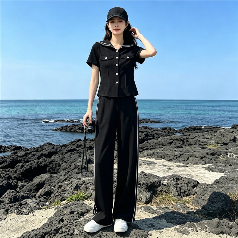 欧韩休闲运动套装女夏季新款撞色拼接海军领短袖上衣直筒裤两件套,女装套装/套裙,江南