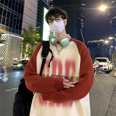 港风夜景秋款宽松时尚字母印花拼接插肩袖圆领毛衣M1301P68控88，男装针织衫/毛衣，电商A247