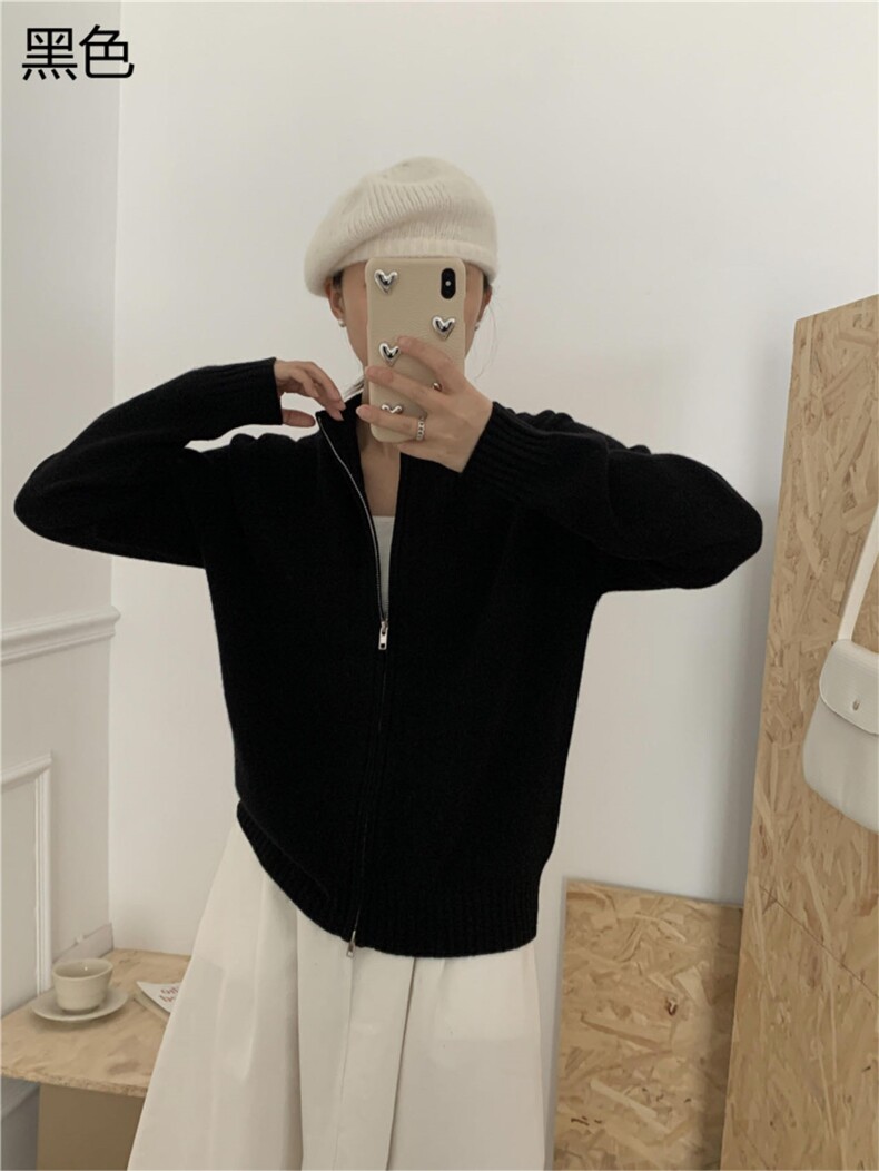女士秋冬10%羊绒全拉链开衫纯色简约黑色宽松显瘦外套图片