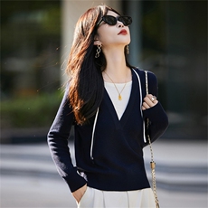 简约撞色连帽针织衫女2025秋季新款上衣假两件带帽毛衣外套打底衫，女装针织衫/毛衣，菲奥羊绒