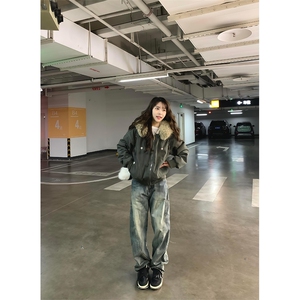 现货重磅boxy短款棉衣座山雕大毛毛领男女棉服水洗工装厚外套图片