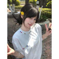 美式高街彩色t恤男女夏季白色短袖宽松学院风情侣纯棉上衣T5108，男装T恤，星座601-1