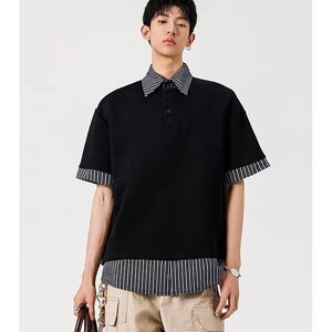 假两件条纹polo领短袖t恤宽松设计感小众休闲百搭上衣 网图图片