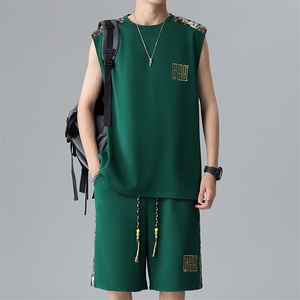 刺绣夏季休闲运动套装男背心短裤两件套拼接小熊A266-TZ2207-P43图片