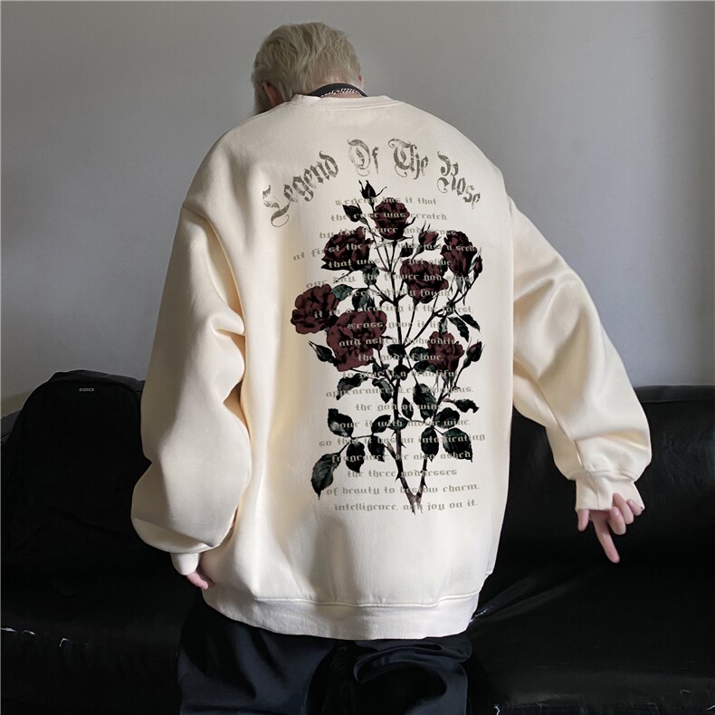 抖音品质美式高街玫瑰高街印花宽松休闲卫衣JK23443特批25-控48,男装卫衣,星座605(原A050)