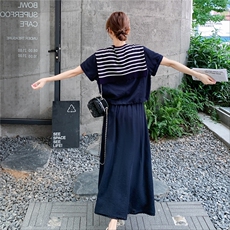藏青色泡泡袖上衣条纹披肩半身裙套装女2025夏新款法式显瘦两件套，女装套装/套裙，2C095