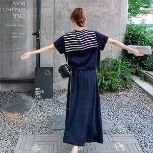 藏青色泡泡袖上衣条纹披肩半身裙套装女2025夏新款法式显瘦两件套图片