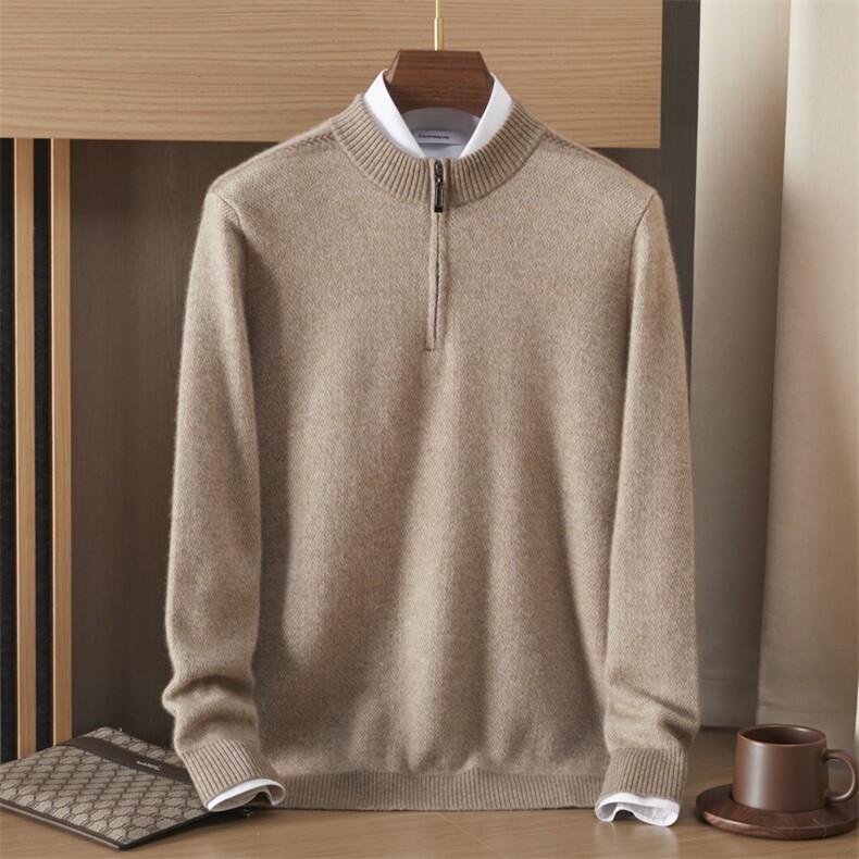 35%羊绒半高拉链秋冬百搭新款时尚简约纯色长袖羊绒衫，男装羊绒套衫，绒誉暖羊绒