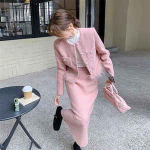 粉色小香风套装2025新款爆款女春季气质名媛富家千金毛呢套装裙图片