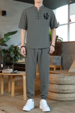 男士夏季冰丝短袖复古风唐装汉服中式居士服风套装ZT2301-P78，男装T恤，星座1105-3