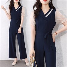 新款夏季淑女气质穿搭时尚洋气时髦显瘦阔腿连体连衣裤套装女纱网，女装连体裤，韩蔻秀