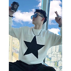 美式复古小众星星长袖t恤男女秋季ins潮牌高街圆领卫衣情侣装，男装T恤，星座506A