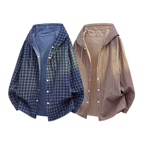 春秋男士韩系学院风设计长袖连帽格子款式衬衫外套上衣P60,男装衬衫,电商B319