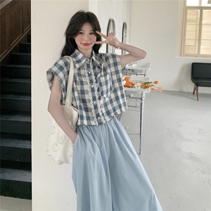 韩系甜美学院风蕾丝花边格子衬衣套装女夏季2025新款阔腿裤两件套图片