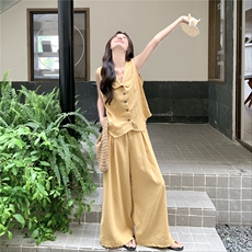 2025夏季新款韩版时尚减龄气质百搭无袖马甲高腰阔腿裤两件套女，女装套装/套裙，2C210