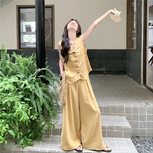 2025夏季新款韩版时尚减龄气质百搭无袖马甲高腰阔腿裤两件套女图片