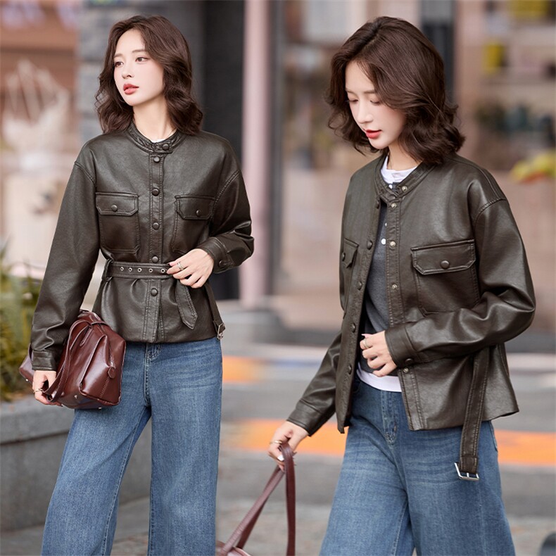 港风机车立领高端皮衣外套女2025春秋季新款休闲系带收腰夹克上衣，女装皮衣，跑量工厂店