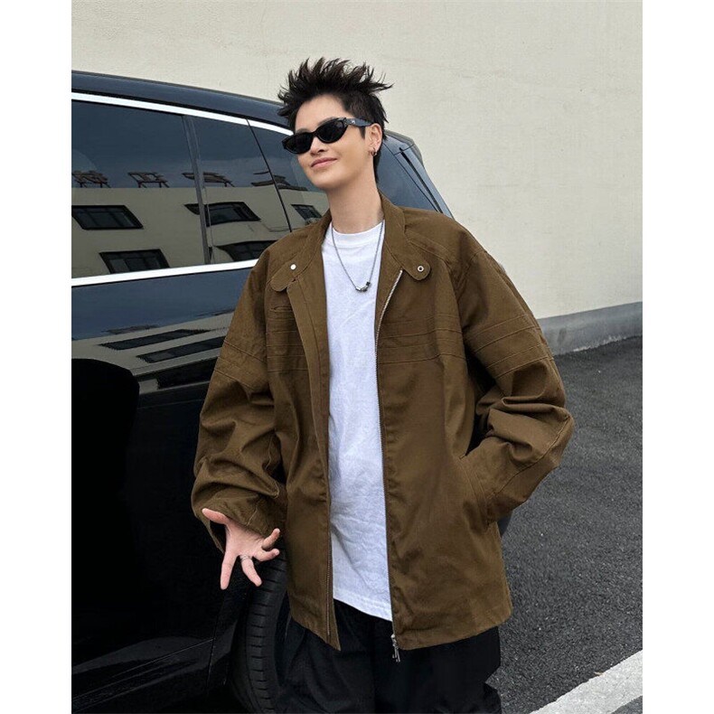复古重磅水洗帆布垫肩外套男装潮流ins宽松廓形夹克上衣W9350/P96图片