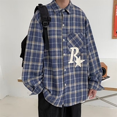 格子衬衫春秋季韩版情侣装美式复古衬衣宽松休闲外套W7001-P40，男装衬衫，星座512-2