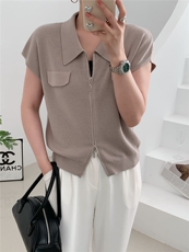 2025夏季新款女士翻领时尚百搭显瘦短袖上衣，女装T恤，琳华羊绒