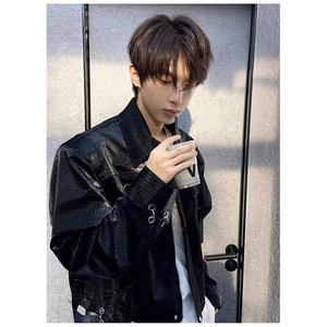 潮流鳄鱼纹垫肩皮衣夹克男秋季宽松百搭PU皮短款情侣外套 J329图片