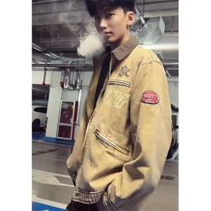 短款垫肩工装外套男款痞帅高级感cleanfit拉链夹克牛仔 J133图片