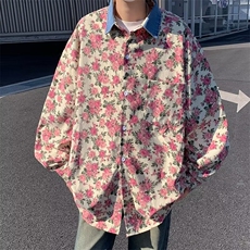 春秋美式复古宽松港风碎花长袖衬衫拼接百搭牛仔领早春外套C147，男装衬衫，星座1116A-1（原606A）