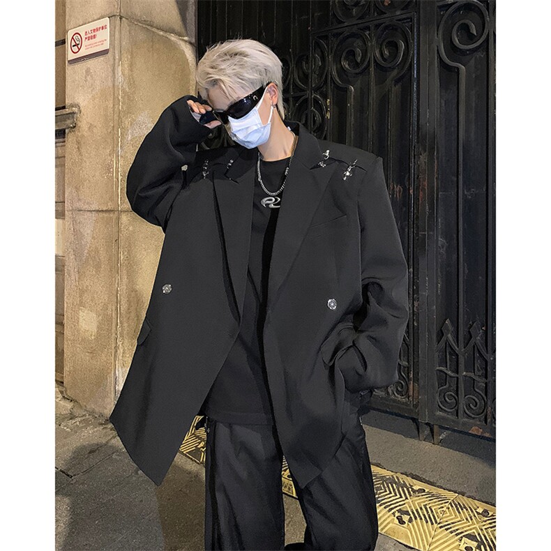 现货25秋冬新款设计感枪驳领飞机扣垫肩休闲西装XZ02-P128，男装西服套装，电商B288