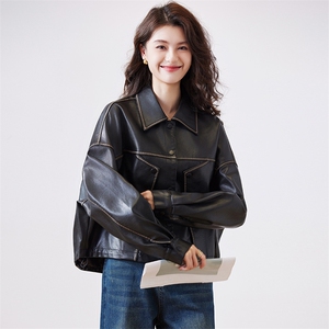 复古拼色皮衣短外套女2024春秋新款高级感小个子机车PU皮夹克上衣图片